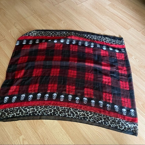 Skulls Red Black Plaid Animal Print Scarf OS - Picture 7 of 8